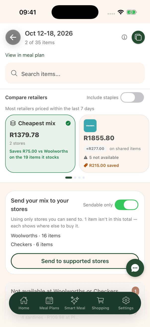 The shopping list priced across your stores: the cheapest mix is R1379.78 across two stores