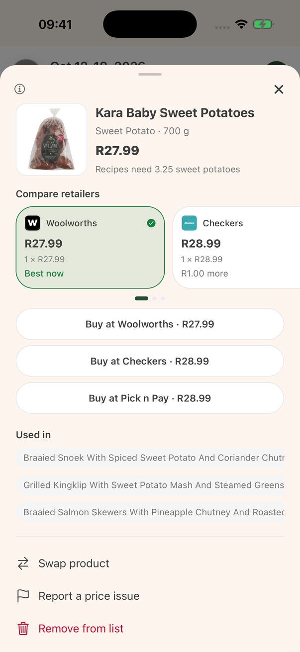 Sweet potatoes priced at Woolworths, Checkers and Pick n Pay, with a button to buy at each